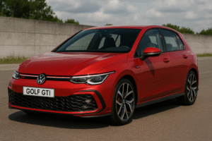 "Volkswagen Golf GTI 2025 new model – sporty red performance hatchback with LED headlights and signature GTI grille"