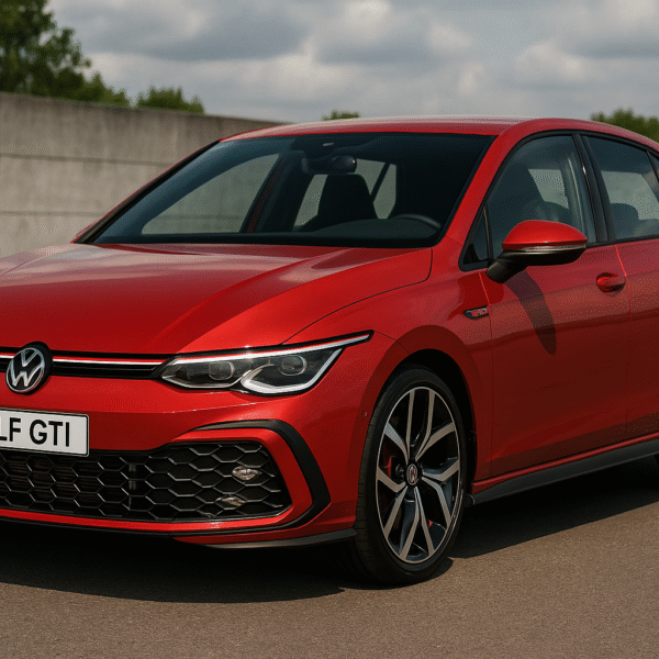 "Volkswagen Golf GTI 2025 new model – sporty red performance hatchback with LED headlights and signature GTI grille"
