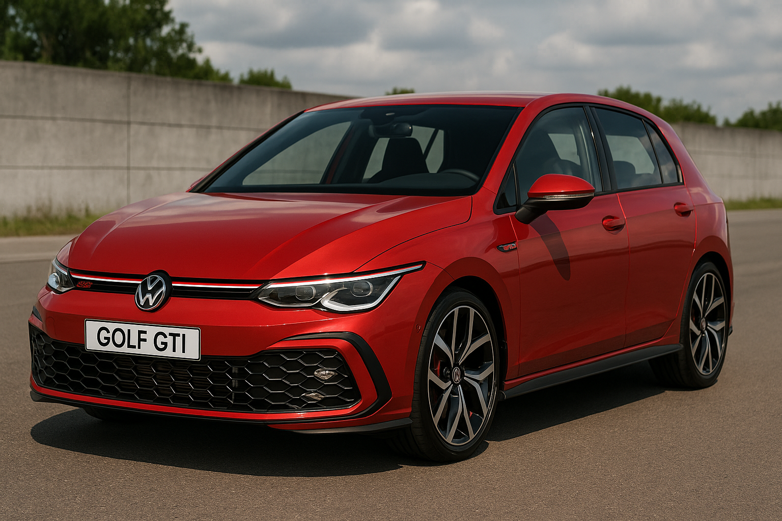 "Volkswagen Golf GTI 2025 new model – sporty red performance hatchback with LED headlights and signature GTI grille"