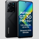"A digital image of the Infinix GT 30 Pro 5G+ smartphone showcasing its 144Hz 1.5K AMOLED display and rear 108MP camera setup."
