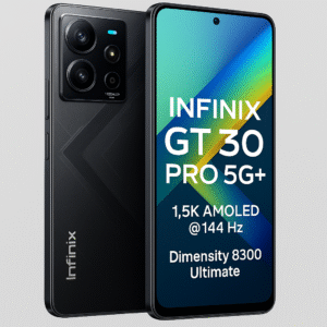 "A digital image of the Infinix GT 30 Pro 5G+ smartphone showcasing its 144Hz 1.5K AMOLED display and rear 108MP camera setup."