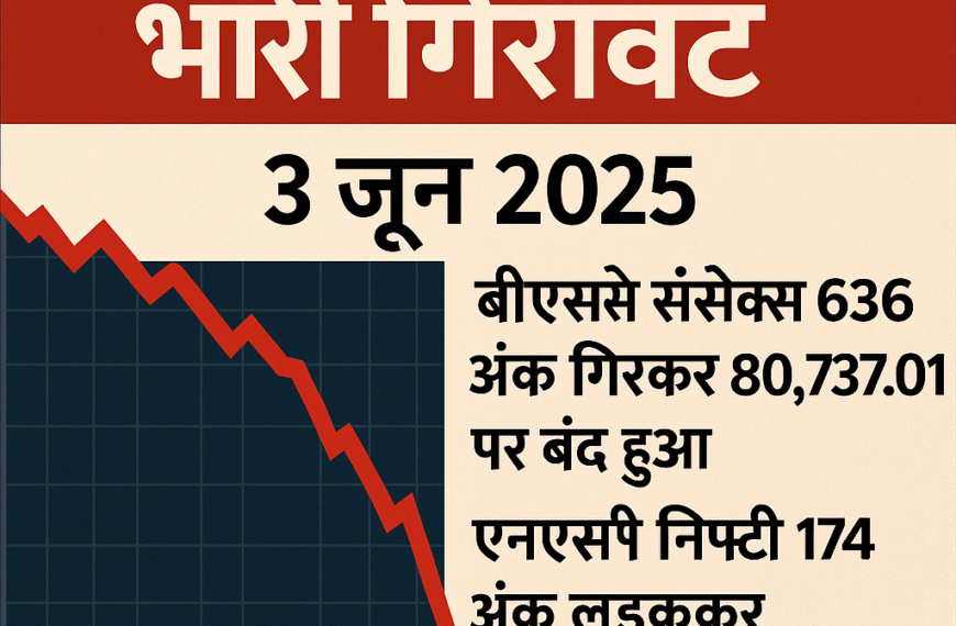"3 जून 2025 को शेयर बाजार में भारी गिरावट दर्शाती हिंदी इन्फोग्राफिक, जिसमें बीएसई सेंसेक्स 636 अंक गिरकर 80,737.01 और एनएसई निफ्टी 174 अंक लुढ़ककर 24,542.05 पर बंद हुआ दिखाया गया है, लाल रंग की गिरती ग्राफ रेखा के साथ।"