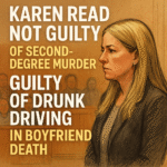 Courtroom sketch of Karen Read showing her not guilty of second-degree murder but guilty of drunk driving in the death of her boyfriend, with courtroom background and serious expression.