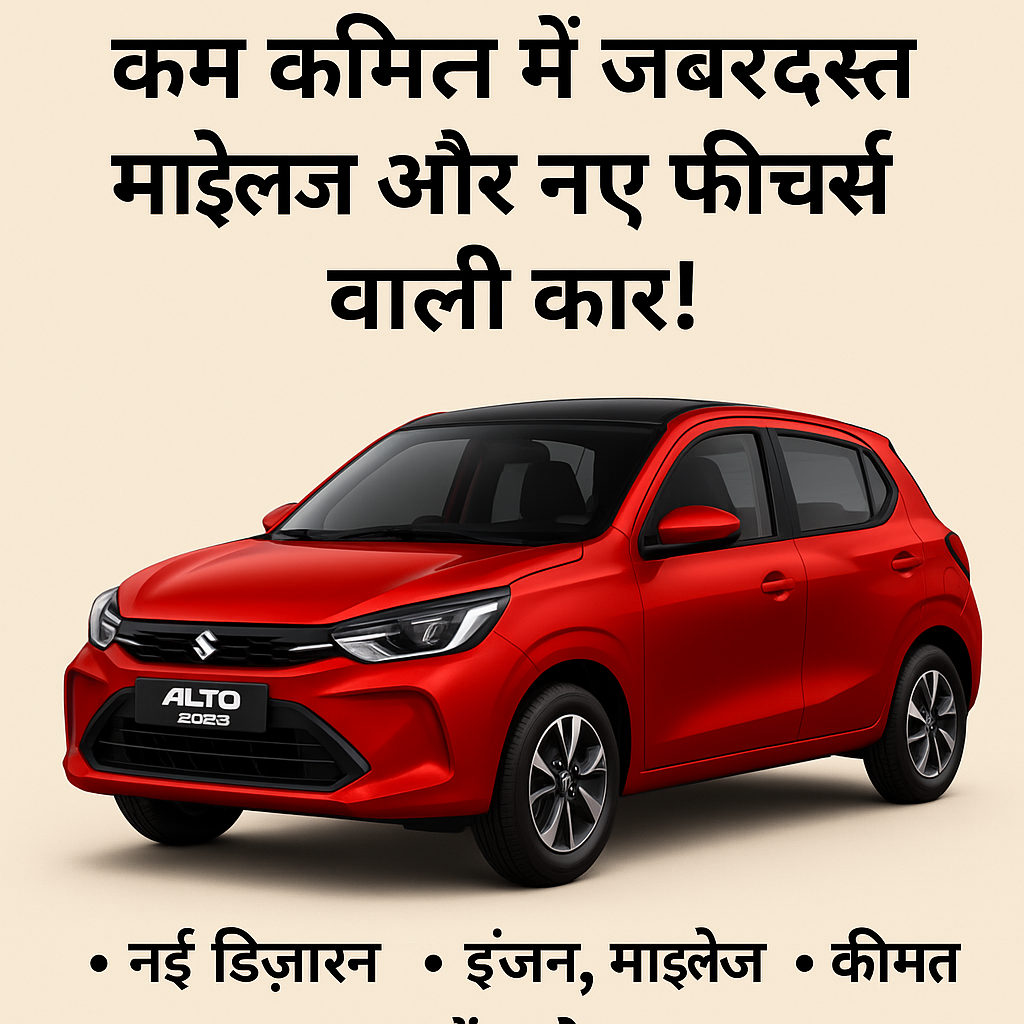 Maruti Alto 2025 का नया रेड कलर मॉडल – फ्रंट और साइड व्यू के साथ, नई डिज़ाइन, LED हेडलाइट्स, और स्लोगन 'कम कीमत में जबरदस्त माइलेज और नए फीचर्स वाली कार