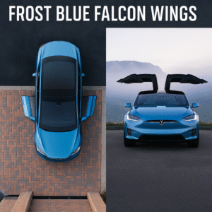 A high-resolution digital photograph of a Tesla Model X in a stunning Frost Blue color, showcasing its iconic Falcon Wing doors open upward in a futuristic style. The vehicle is parked on a clean, modern road with a snowy Arctic-inspired background, emphasizing the "cool" and "innovative" branding.