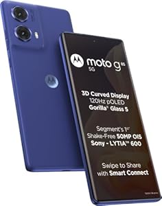 Motorola Moto G85 5G smartphone featuring a curved 6.67-inch pOLED display, dual rear cameras (50MP + 8MP), punch-hole 32MP front camera, and a stylish mint green-blue gradient design.