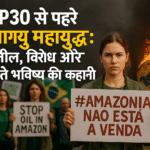 Climate activists protesting Brazil’s Amazon oil drilling at the Bonn climate conference ahead of COP30 – digital illustration showing environmental protest, banners, and deforestation imagery.”