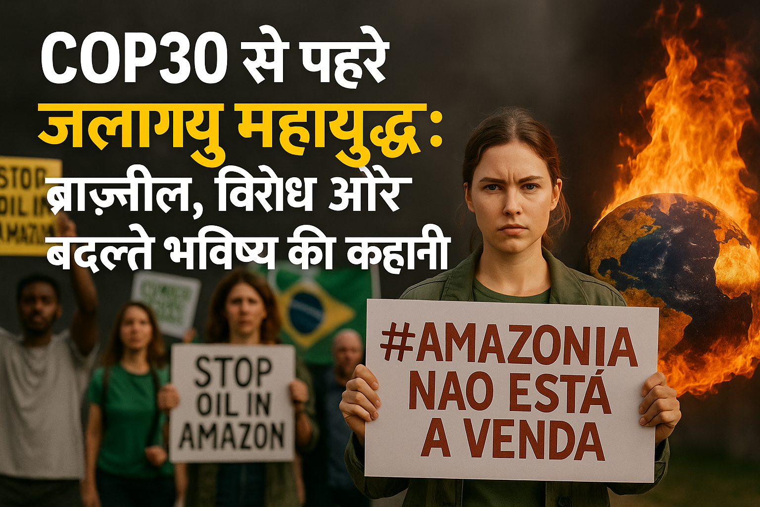 Climate activists protesting Brazil’s Amazon oil drilling at the Bonn climate conference ahead of COP30 – digital illustration showing environmental protest, banners, and deforestation imagery.”