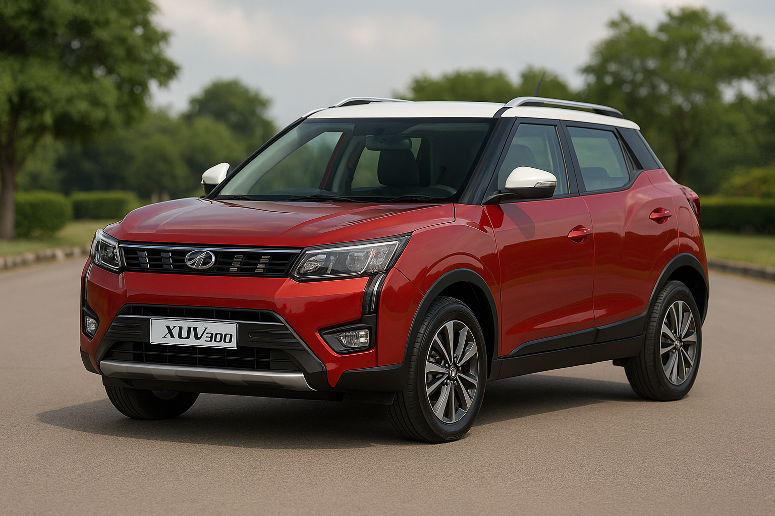 Mahindra XUV300 Compact SUV standing on an open road during daytime with scenic background