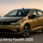 2025 Tata Altroz Facelift in dark gold color with sleek LED headlights and stylish alloy wheels, parked on a smooth road during sunset.