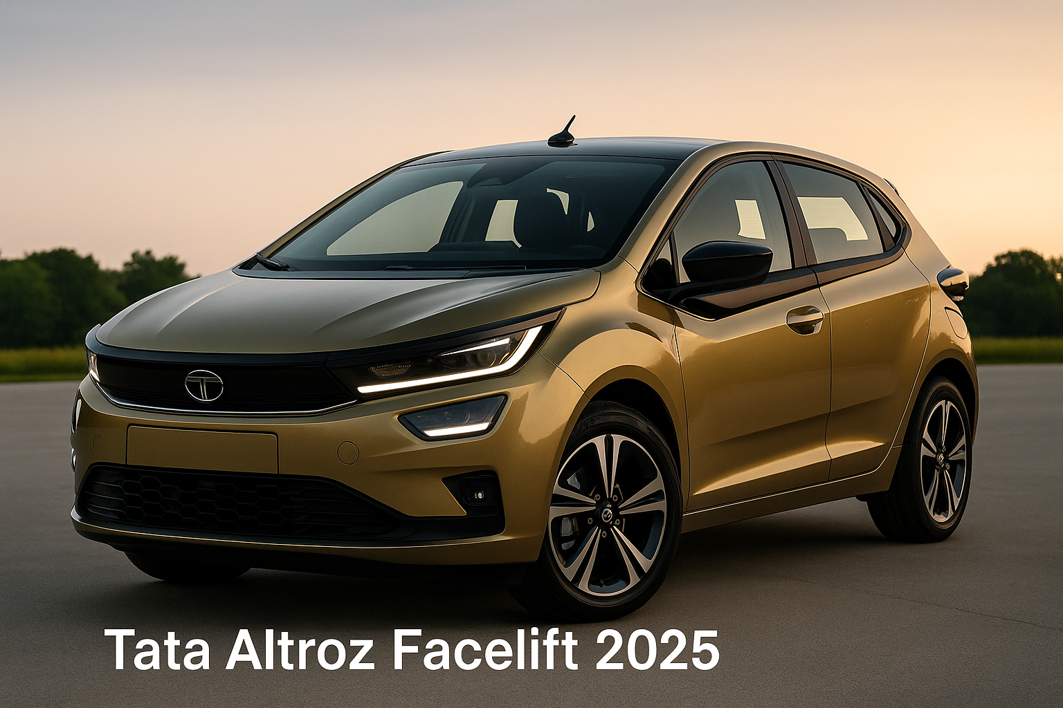 2025 Tata Altroz Facelift in dark gold color with sleek LED headlights and stylish alloy wheels, parked on a smooth road during sunset.