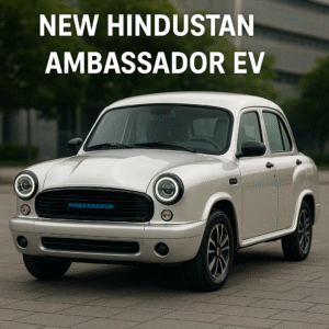 New Hindustan Ambassador EV – Electric version of classic Indian car with modern features and white finish"