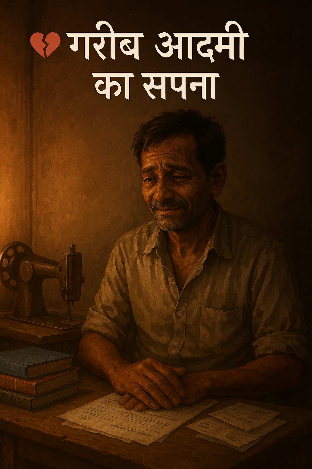 एक भावुक डिजिटल चित्र जिसमें एक मध्यम आयु का भारतीय गरीब व्यक्ति थके चेहरे और फटे-पुराने कपड़ों में लकड़ी की मेज पर बैठा है, पास में सिलाई मशीन, किताबें और कुछ कागज़ रखे हैं। ऊपर देवनागरी में लिखा है '💔 गरीब आदमी का सपना'।"