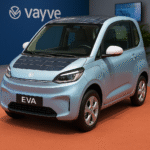 Vayve EVA electric car with solar panels displayed at auto show in India 2025.