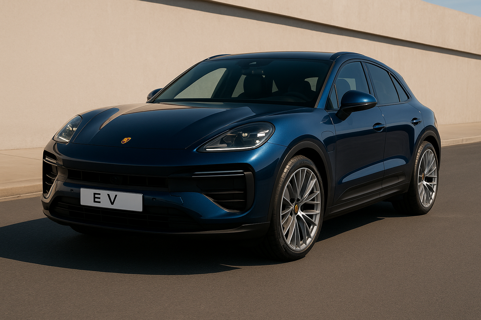 Luxurious blue Porsche Macan EV parked on a clean asphalt road in daylight, showcasing its sleek design and electric vehicle features.