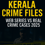 Kerala Crime Files 2025 web series vs real crime cases – promotional poster with crime scene tape, Indian police officer, and bold yellow-white text on a dark background for suspense drama theme."