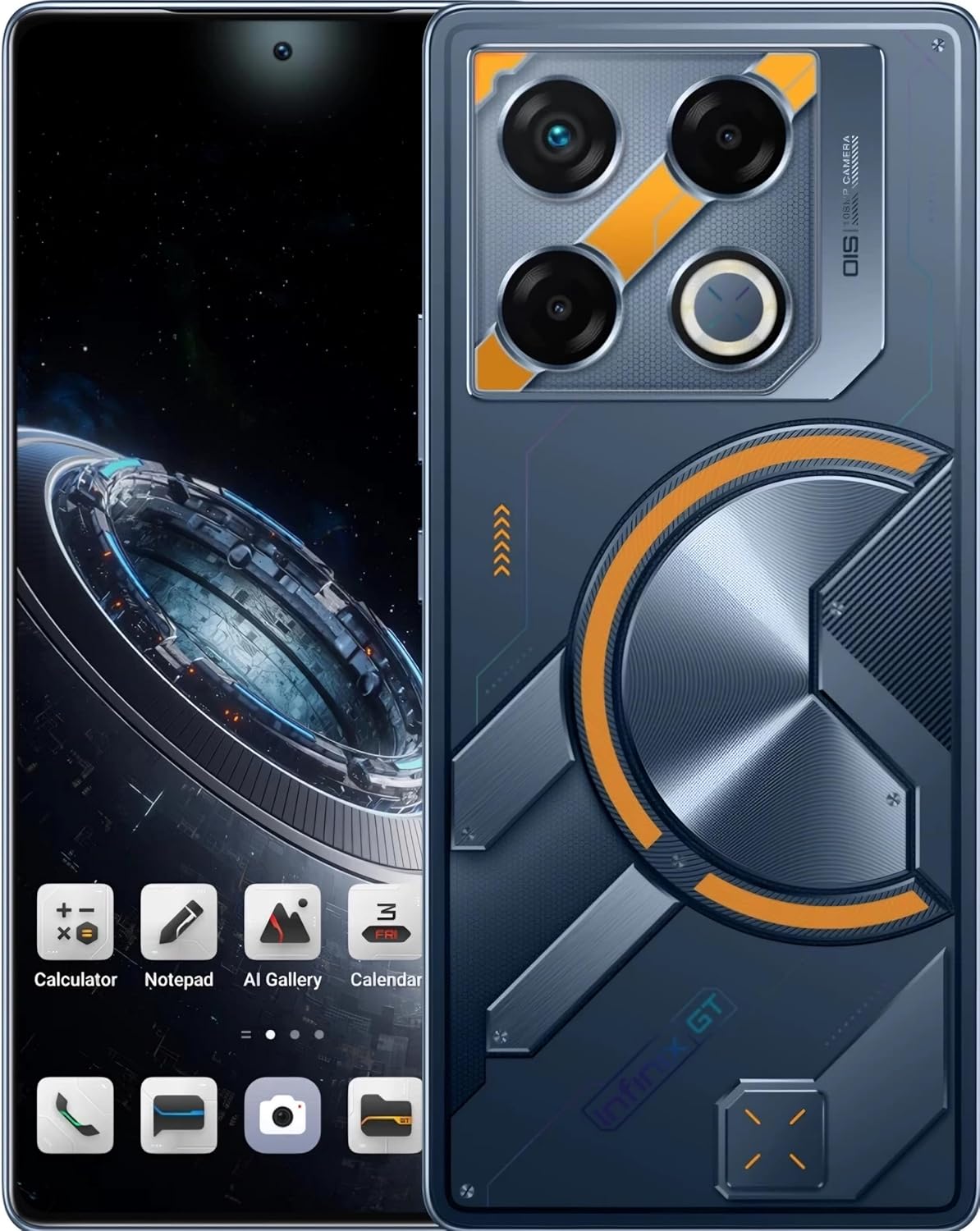 "A digital image of the Infinix GT 20 Pro 5G smartphone showing its RGB back design, 144Hz AMOLED display, and triple rear camera with 108MP main sensor."