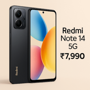 "Redmi Note 14 5G स्मार्टफोन की AI-जनरेटेड इमेज जिसमें sleek डिजाइन, डुअल कैमरा सेटअप और vibrant डिस्प्ले को दर्शाया गया है – बजट सेगमेंट का लेटेस्ट 5G मोबाइल सिर्फ ₹7,990 में"