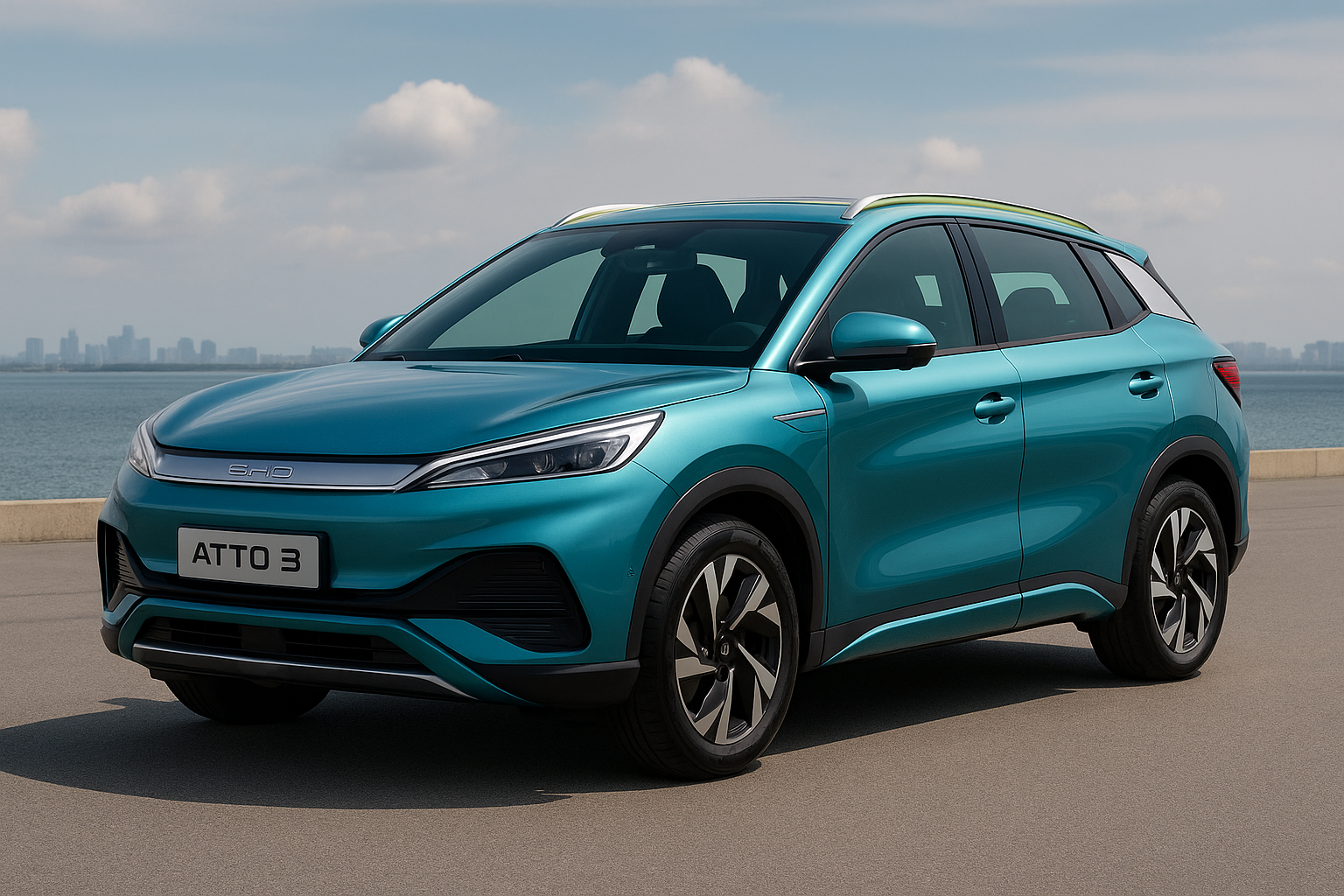 BYD Atto 3 electric SUV in metallic turquoise color parked near a seafront road with city skyline in the background – futuristic design with sleek LED headlamps and alloy wheels
