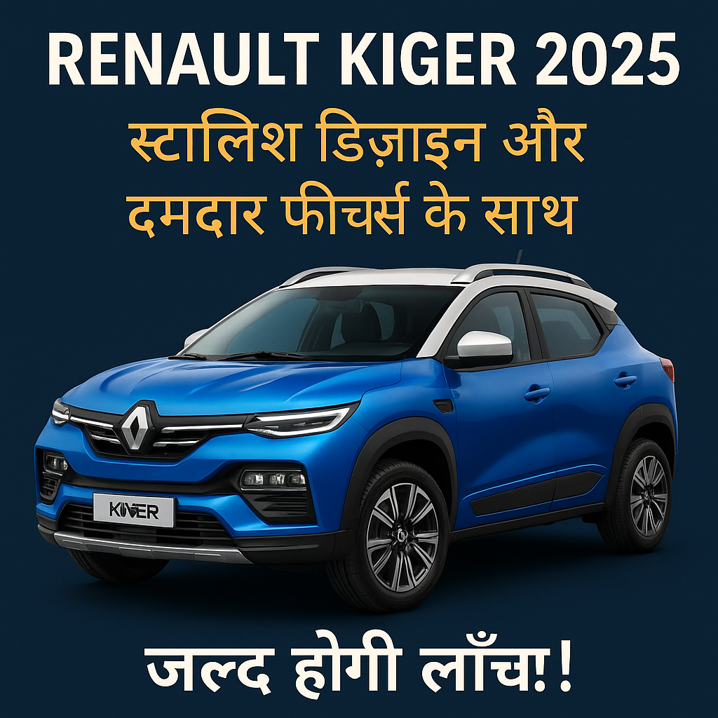 Blue Renault Kiger 2025 SUV with a stylish design and powerful features, promotional image in Hindi announcing the upcoming launch."