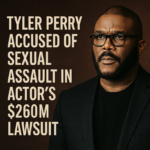 Tyler Perry faces allegations of sexual assault in a $260 million lawsuit, shown in a digital news graphic with a serious portrait of him beside the headline