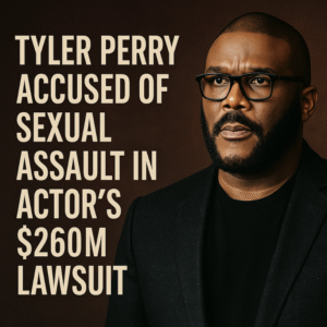 Tyler Perry faces allegations of sexual assault in a $260 million lawsuit, shown in a digital news graphic with a serious portrait of him beside the headline