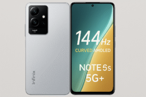 A digital image of the Infinix Note 50s 5G+ smartphone showcasing its curved AMOLED display and sleek design.