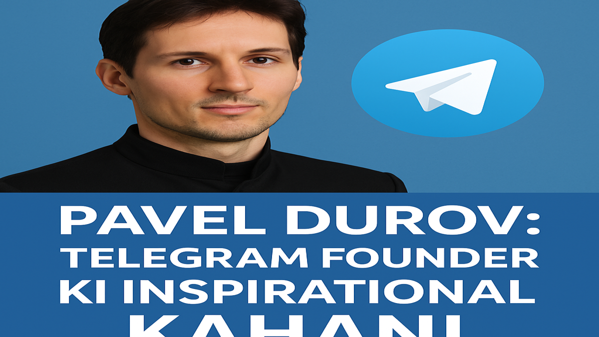 Portrait of Pavel Durov, founder of Telegram, with Telegram app logo and bold Hindi-English title highlighting his inspirational success story.