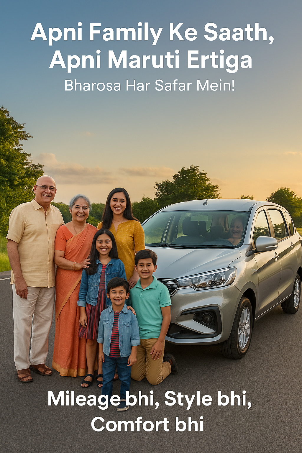 Indian family posing happily in front of a silver Maruti Ertiga on a scenic road during sunset, showcasing comfort and togetherness.