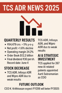 TCS ADR News 2025: Revenue ₹64,479 crore, profit down 1.6%, ₹30 dividend, stock dips due to weak results. TCS files 267 AI patents, appoints new COO, optimistic for FY206.