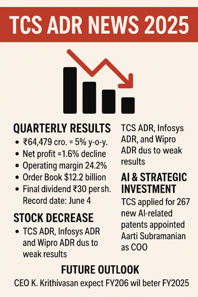 TCS ADR News 2025: Revenue ₹64,479 crore, profit down 1.6%, ₹30 dividend, stock dips due to weak results. TCS files 267 AI patents, appoints new COO, optimistic for FY206.