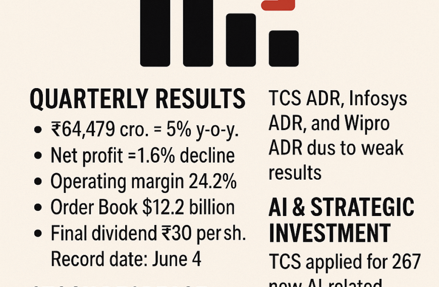 TCS ADR News 2025: Revenue ₹64,479 crore, profit down 1.6%, ₹30 dividend, stock dips due to weak results. TCS files 267 AI patents, appoints new COO, optimistic for FY206.