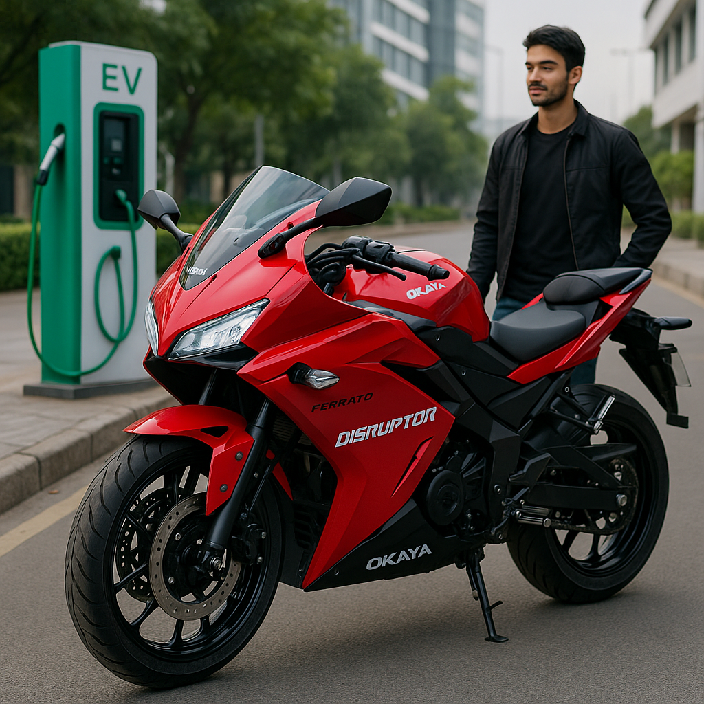 Okaya Ferrato Disruptor electric sports bike with LED headlamp and aerodynamic design parked near EV charging station in Indian cityscape with young rider