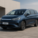 BYD eMAX 7 electric MPV in metallic blue color parked on modern stone pavement in front of minimalistic building.