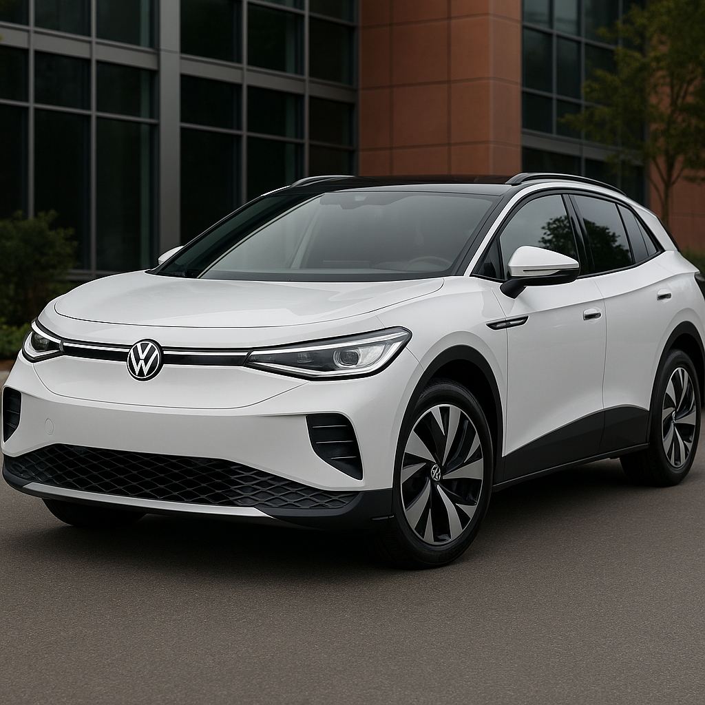 Volkswagen ID.4 इलेक्ट्रिक SUV एक आधुनिक इमारत के सामने सफेद रंग में खड़ी है