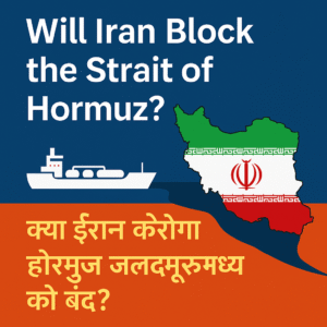 A digital illustration showing a ship and a map of Iran with the text "Will Iran Block the Strait of Hormuz?" in English and its Hindi translation "क्या ईरान करेगा होरमुज जलडमरूमध्य को बंद?"