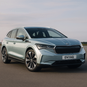 Skoda Enyaq Electric SUV in Metallic Blue parked on highway