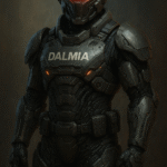 Futuristic soldier in Dalmia Cyborg Armour with dark metallic body suit, red visor helmet, and advanced nano-tech protective layers designed for Indian Defence forces.