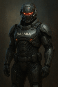 Futuristic soldier in Dalmia Cyborg Armour with dark metallic body suit, red visor helmet, and advanced nano-tech protective layers designed for Indian Defence forces.