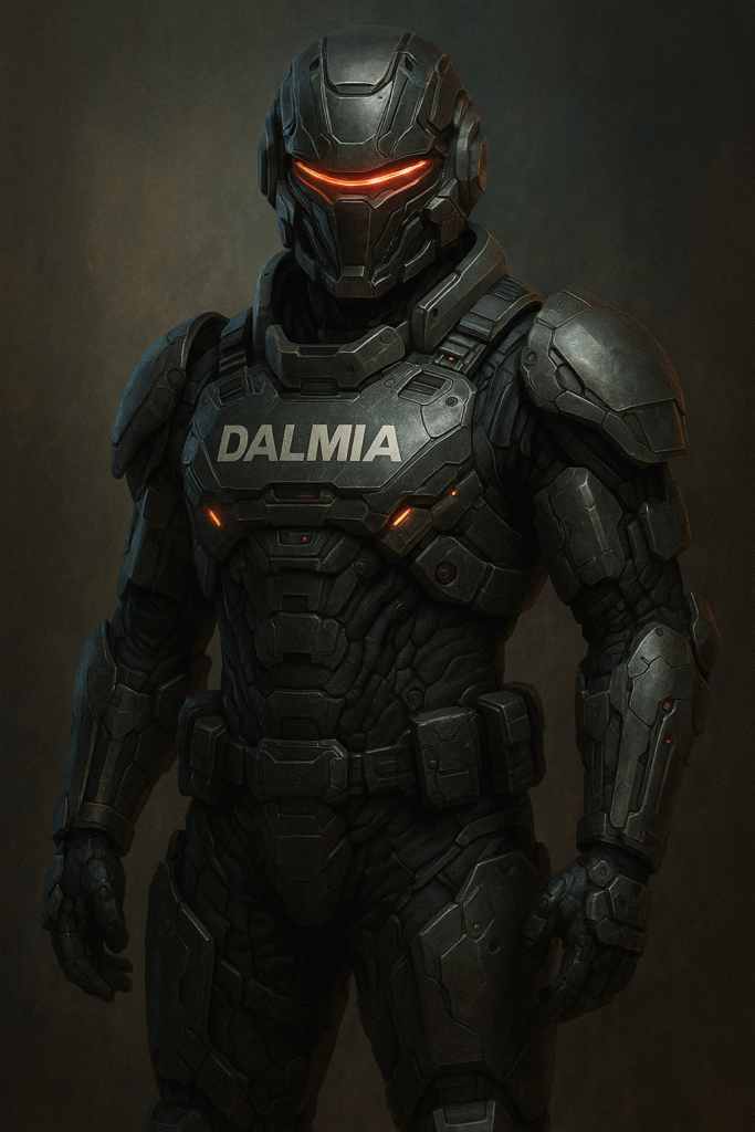 Futuristic soldier in Dalmia Cyborg Armour with dark metallic body suit, red visor helmet, and advanced nano-tech protective layers designed for Indian Defence forces.
