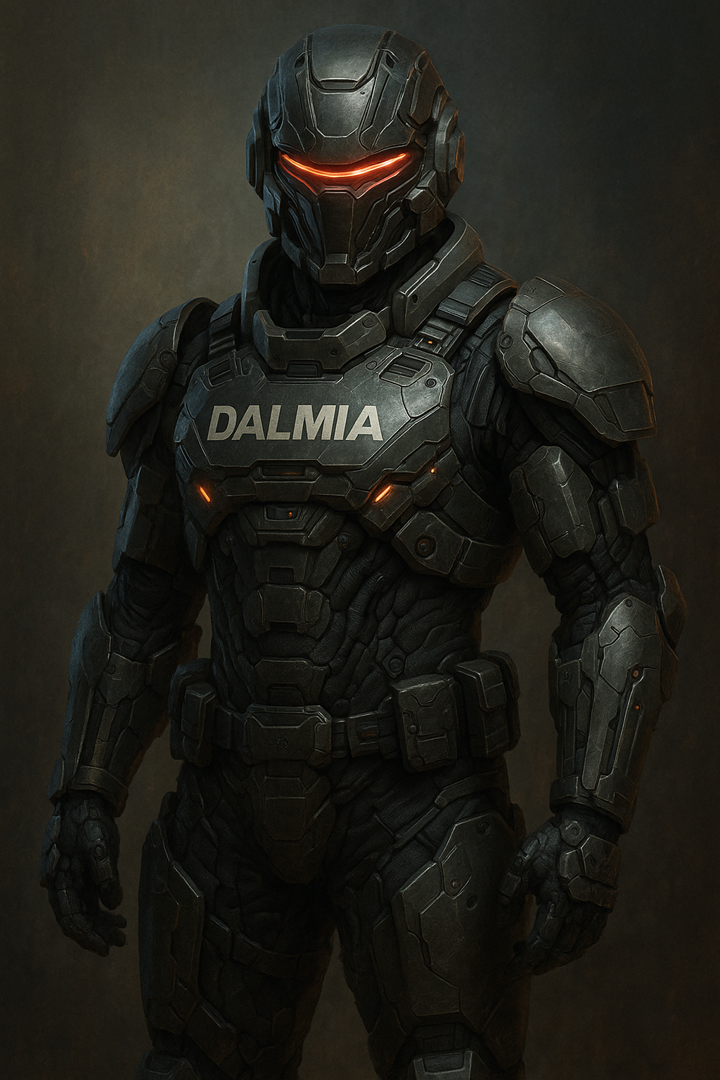 Futuristic soldier in Dalmia Cyborg Armour with dark metallic body suit, red visor helmet, and advanced nano-tech protective layers designed for Indian Defence forces.