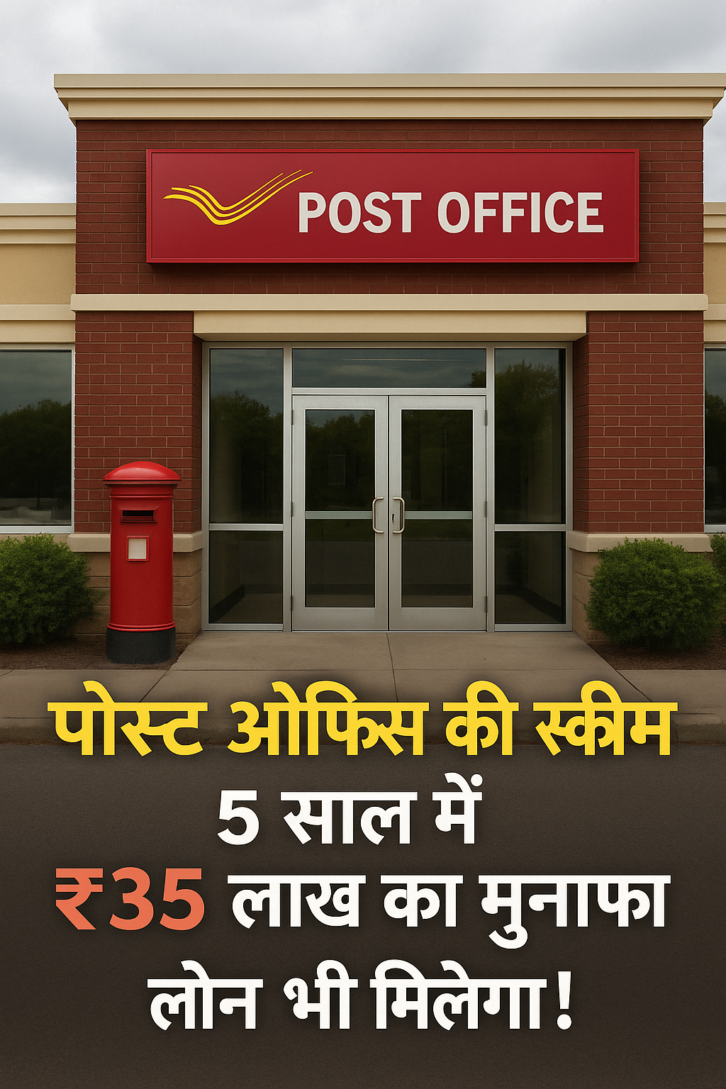 एक ग्रामीण व्यक्ति पोस्ट ऑफिस के सामने खड़ा है, हाथ में ग्राम सुरक्षा योजना का फॉर्म लिए हुए, बैकग्राउंड में पोस्ट ऑफिस की बिल्डिंग साफ नजर आ रही है।