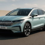 Skoda Enyaq 2025 Electric SUV with LED Crystal Grille in Blue on Urban Road Title: Skoda Enyaq 2025 – Futuristic Electric SUV Design