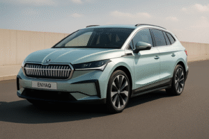Skoda Enyaq 2025 Electric SUV with LED Crystal Grille in Blue on Urban Road Title: Skoda Enyaq 2025 – Futuristic Electric SUV Design