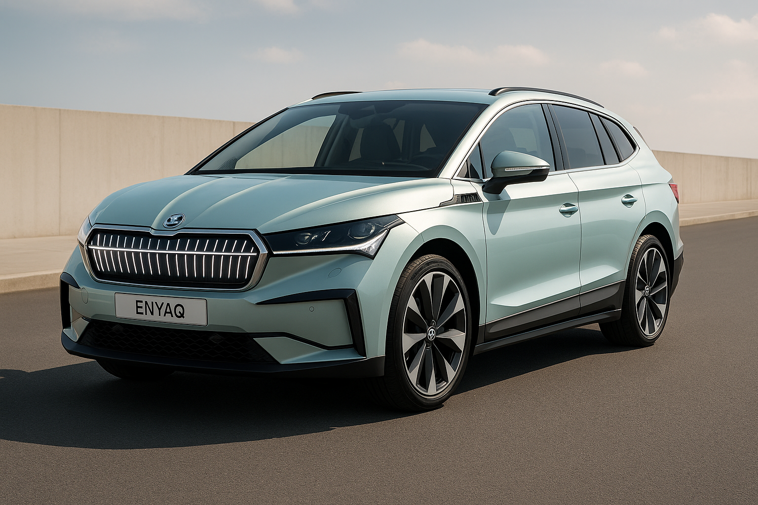 Skoda Enyaq 2025 Electric SUV with LED Crystal Grille in Blue on Urban Road Title: Skoda Enyaq 2025 – Futuristic Electric SUV Design