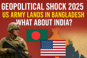 Geopolitical Shock 2025 – US Army in Bangladesh with flags of USA and Bangladesh, impact on India and South Asia Security.