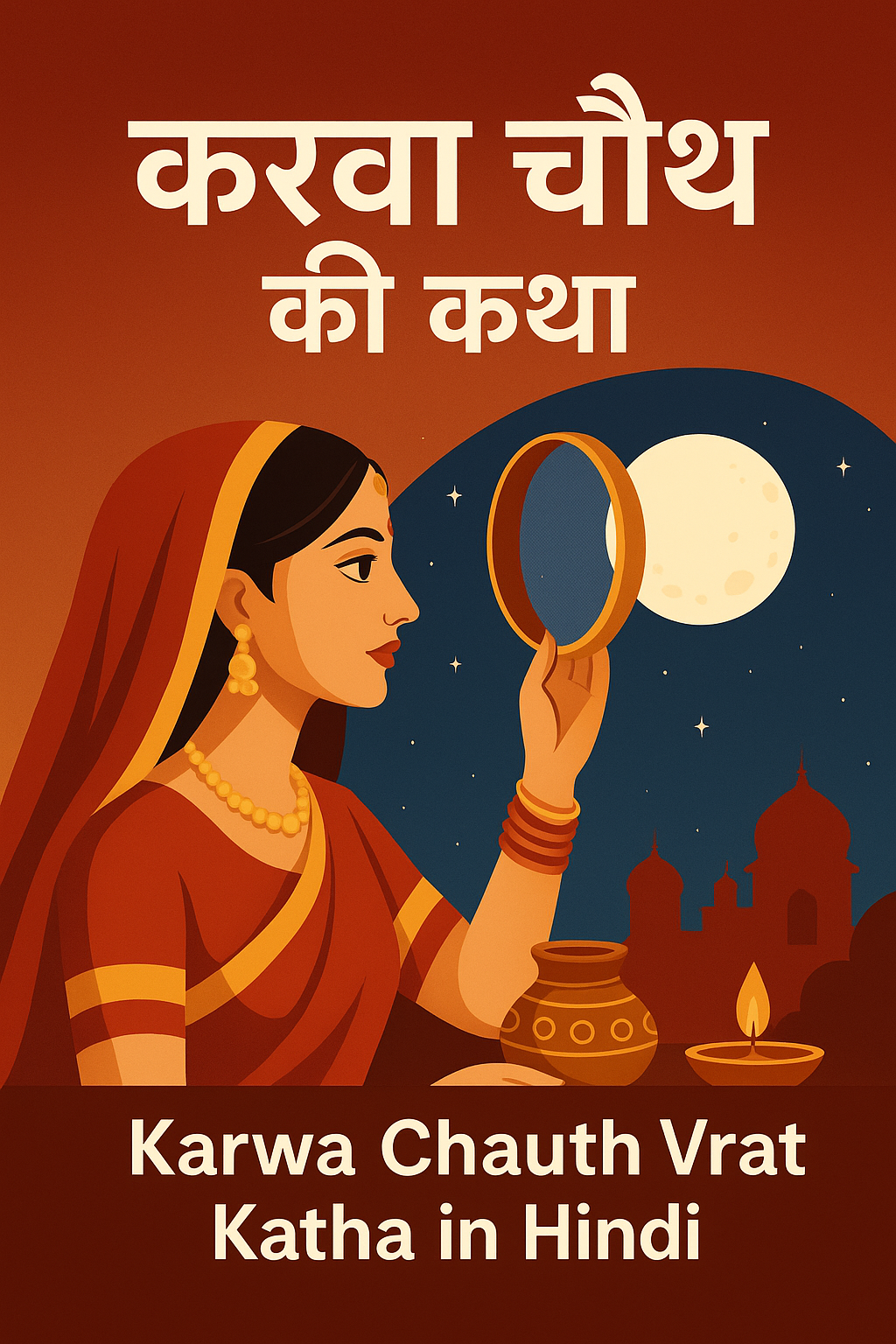 एक भारतीय महिला लाल साड़ी में छलनी से चाँद को देखती हुई — करवा चौथ व्रत कथा का आधुनिक डिजिटल चित्र।